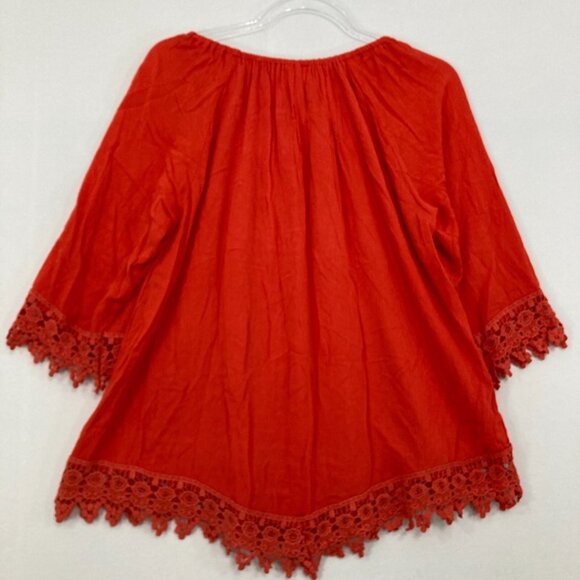 New NY Collection Large Red Lace Detail Ultra Soft Rayon Blouse Boho Festival - Picture 8 of 10